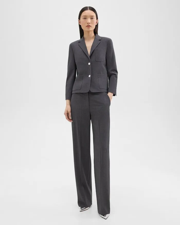 Women Theory Blazers Jackets Boxy Patch Pocket Blazer In Good Wool Charcoal Melange