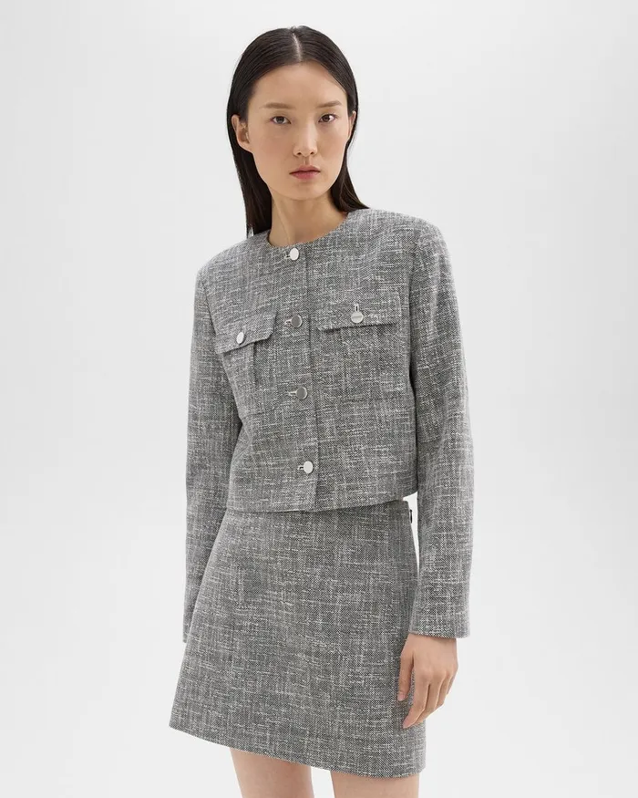 Women Theory Blazers Jackets Cropped Military Jacket In Cotton Tweed Black Multi