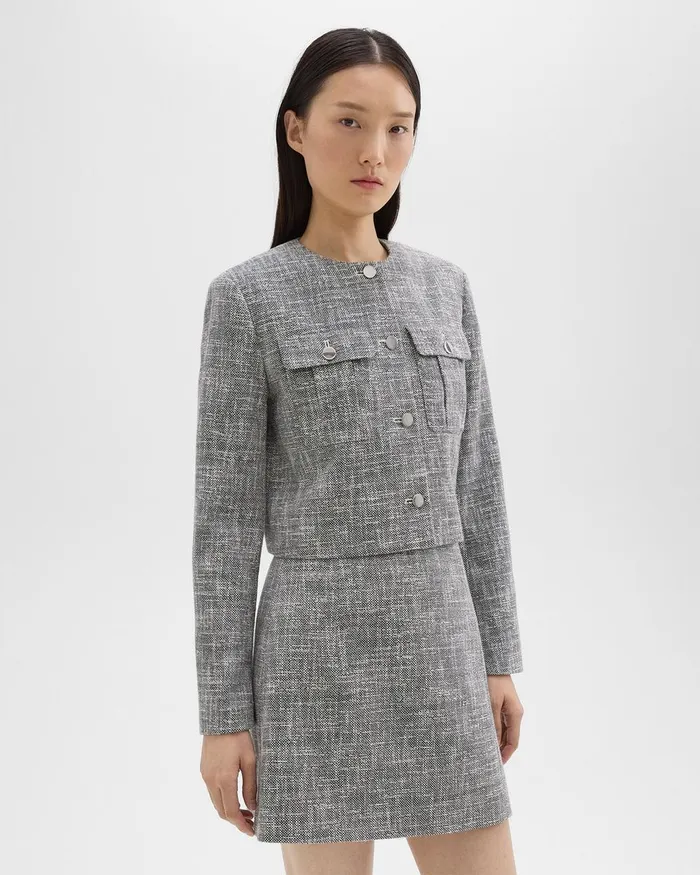 Women Theory Blazers Jackets Cropped Military Jacket In Cotton Tweed Black Multi