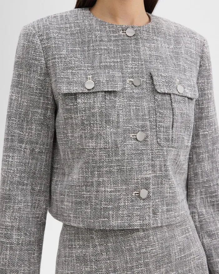 Women Theory Blazers Jackets Cropped Military Jacket In Cotton Tweed Black Multi