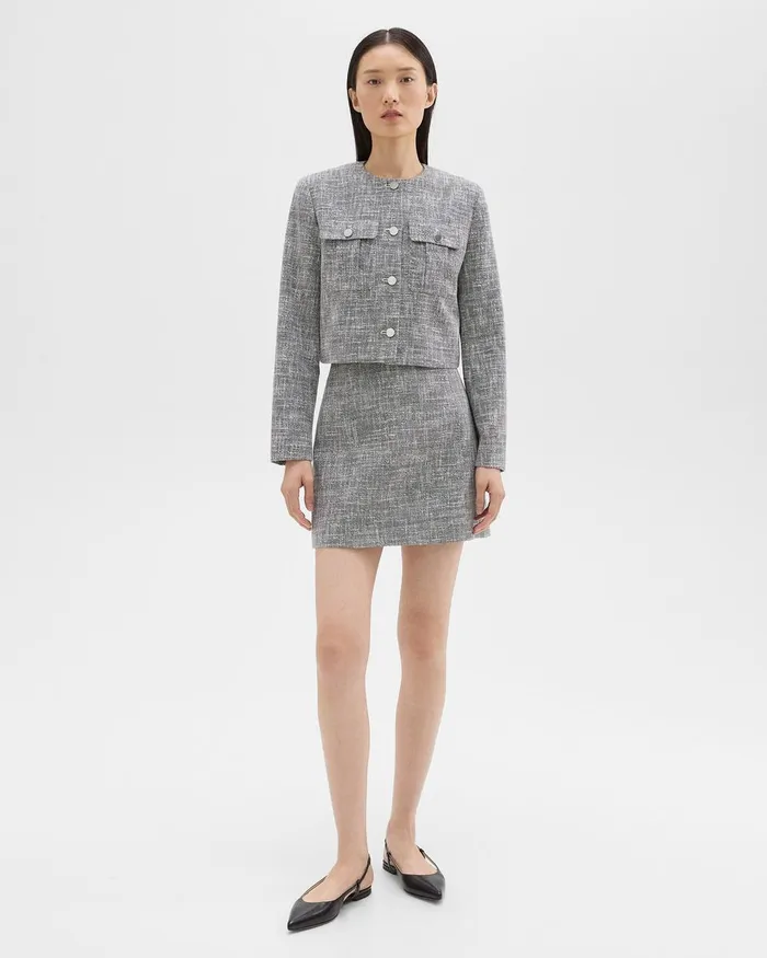 Women Theory Blazers Jackets Cropped Military Jacket In Cotton Tweed Black Multi