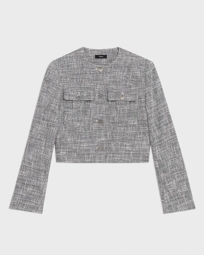 Women Theory Blazers Jackets Cropped Military Jacket In Cotton Tweed Black Multi
