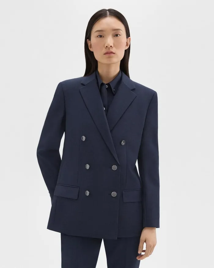 Women Theory Blazers Jackets DoubleBreasted Boxy Blazer In Oxford Wool Nocturne Navy