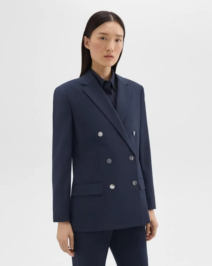 Women Theory Blazers Jackets DoubleBreasted Boxy Blazer In Oxford Wool Nocturne Navy
