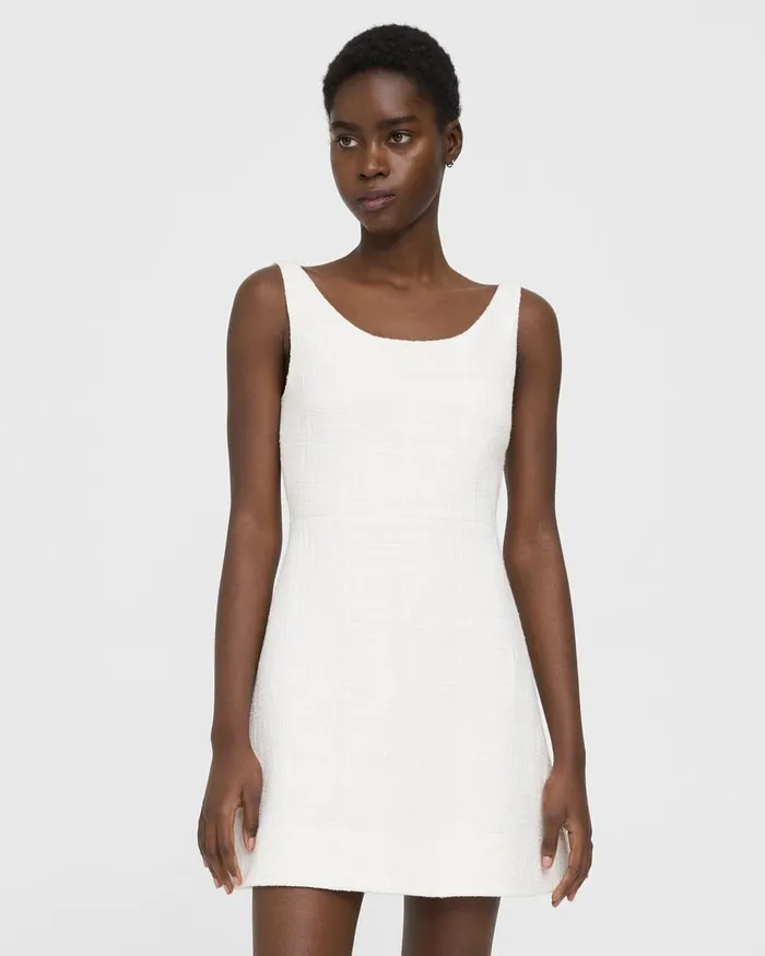 Women Theory Dresses Ballerina Neckline Mini Dress In Cotton Tweed White