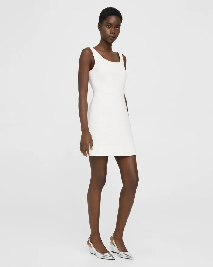 Women Theory Dresses Ballerina Neckline Mini Dress In Cotton Tweed White