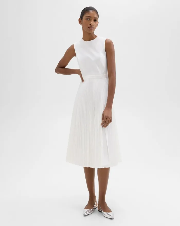 Women Theory Dresses Pleated Midi Dress In Sleek Poplin White