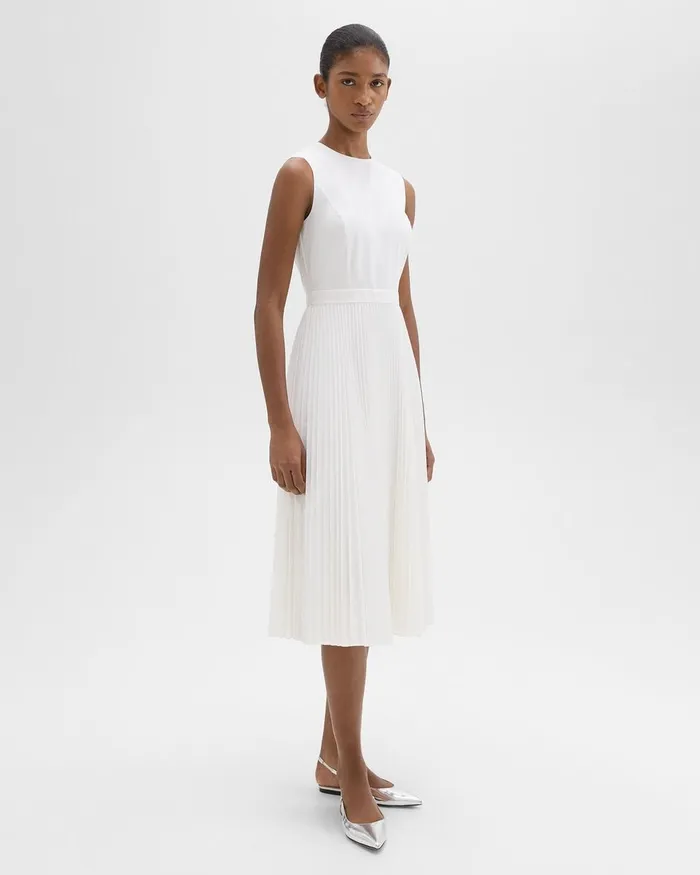 Women Theory Dresses Pleated Midi Dress In Sleek Poplin White