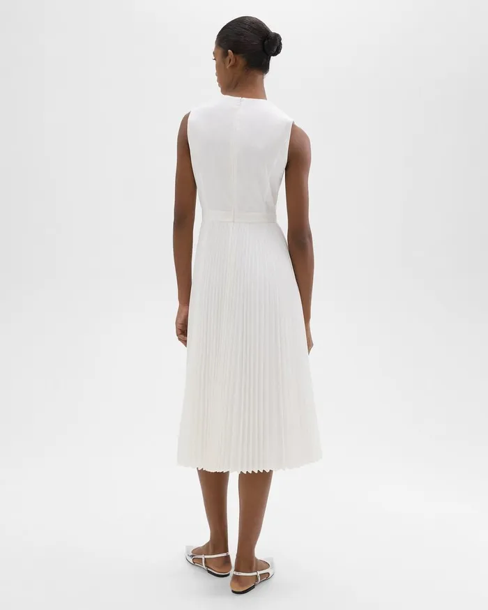 Women Theory Dresses Pleated Midi Dress In Sleek Poplin White