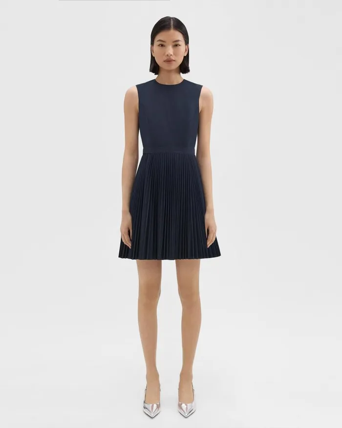 Women Theory Dresses Pleated Mini Dress In Sleek Poplin Nocturne Navy