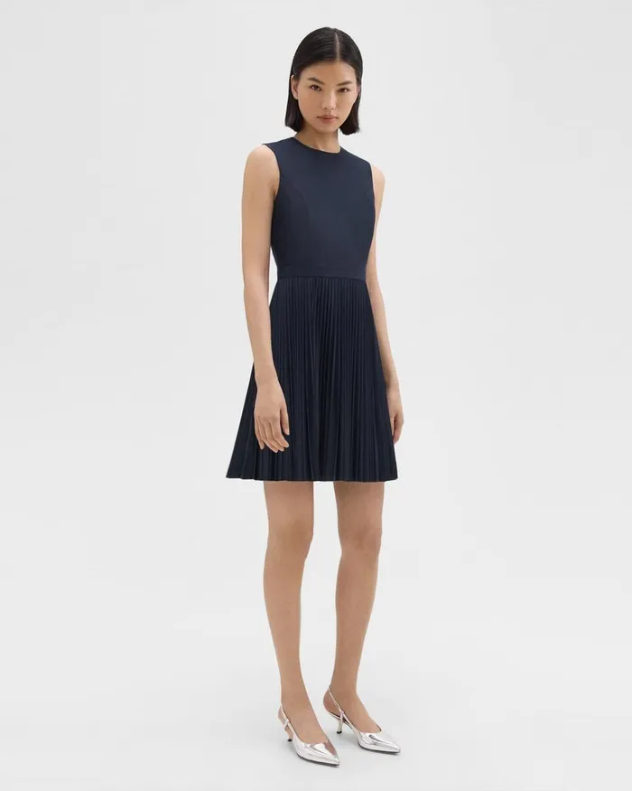 Women Theory Dresses Pleated Mini Dress In Sleek Poplin Nocturne Navy