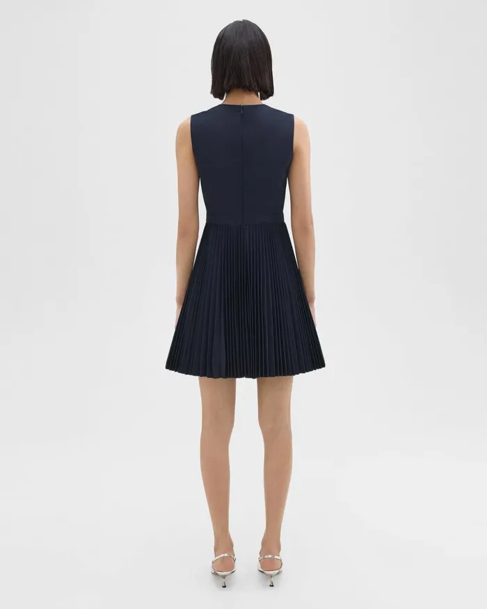 Women Theory Dresses Pleated Mini Dress In Sleek Poplin Nocturne Navy