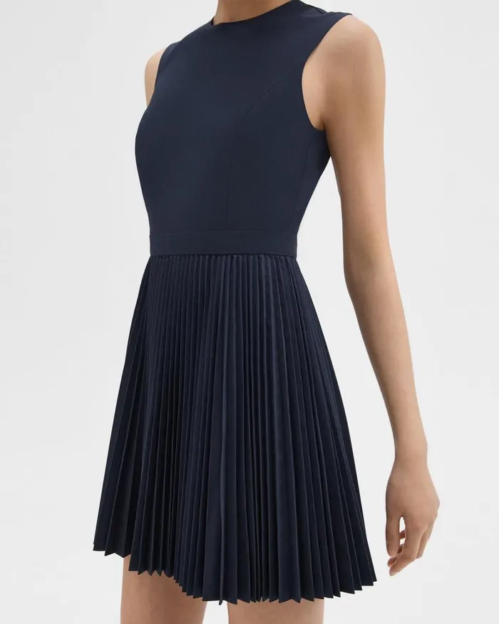 Women Theory Dresses Pleated Mini Dress In Sleek Poplin Nocturne Navy