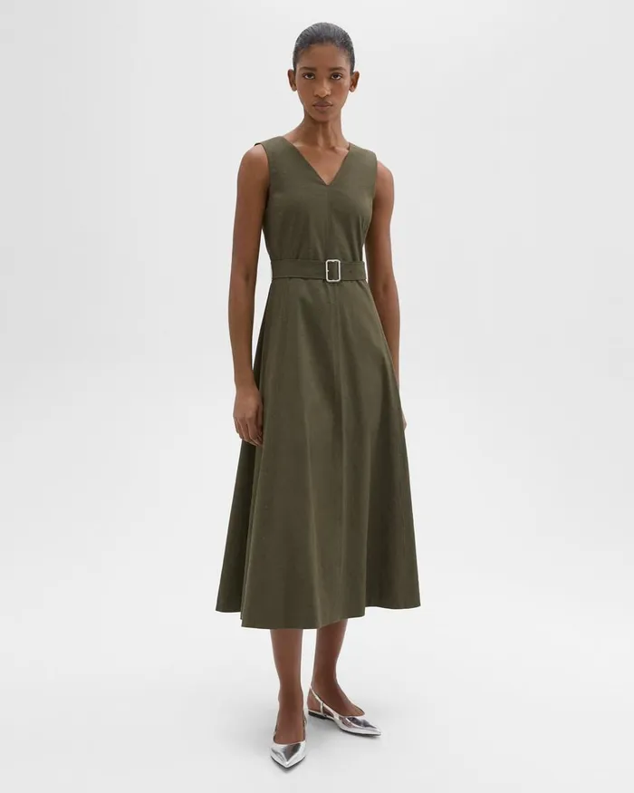 Women Theory Dresses VNeck Volume Dress In Good Linen Dark Olive