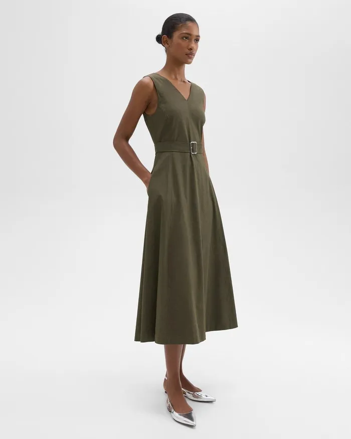 Women Theory Dresses VNeck Volume Dress In Good Linen Dark Olive