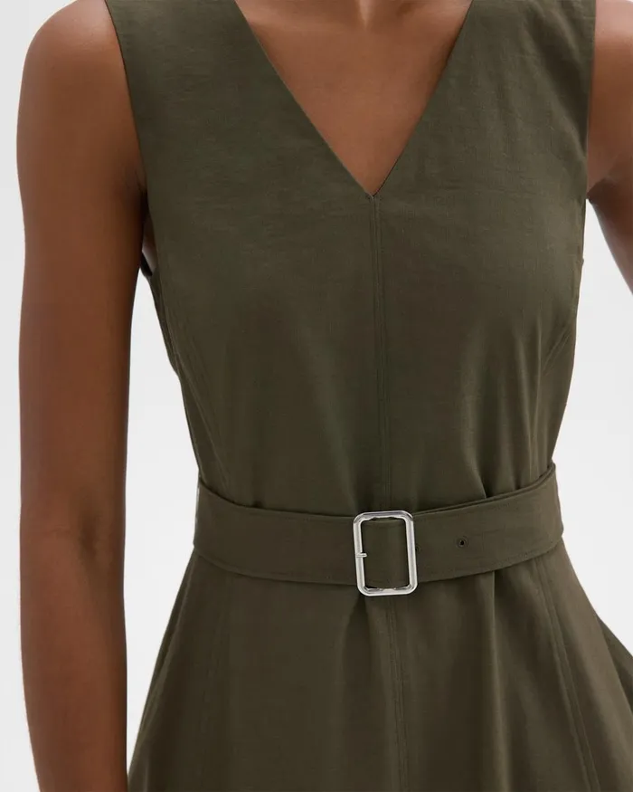 Women Theory Dresses VNeck Volume Dress In Good Linen Dark Olive