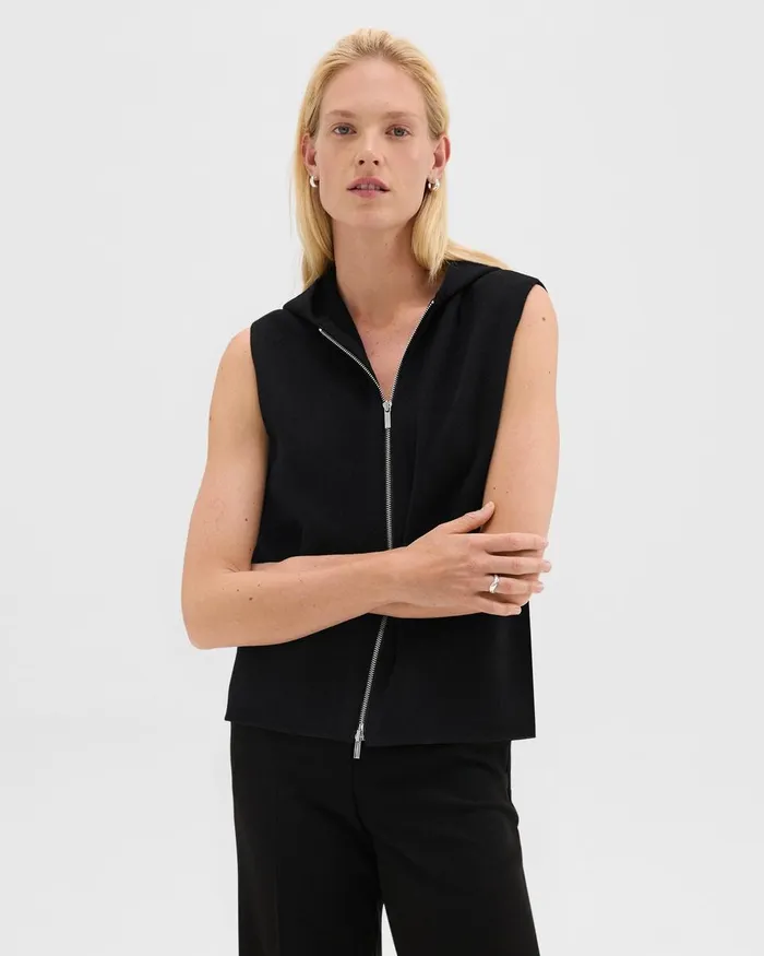 Women Theory Outerwear Hooded ZipUp Vest In DoubleFace WoolCashmere Black