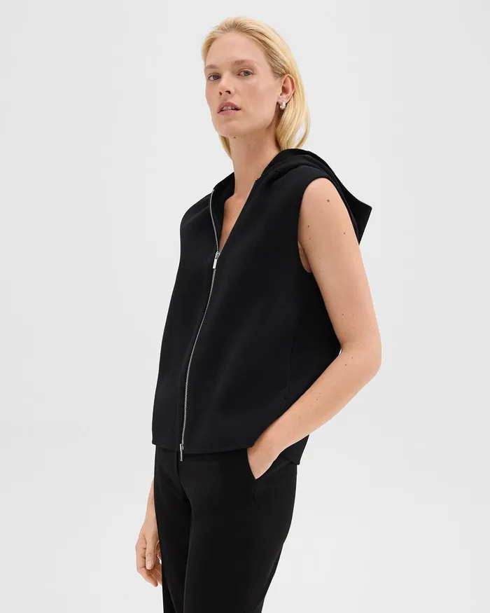 Women Theory Outerwear Hooded ZipUp Vest In DoubleFace WoolCashmere Black