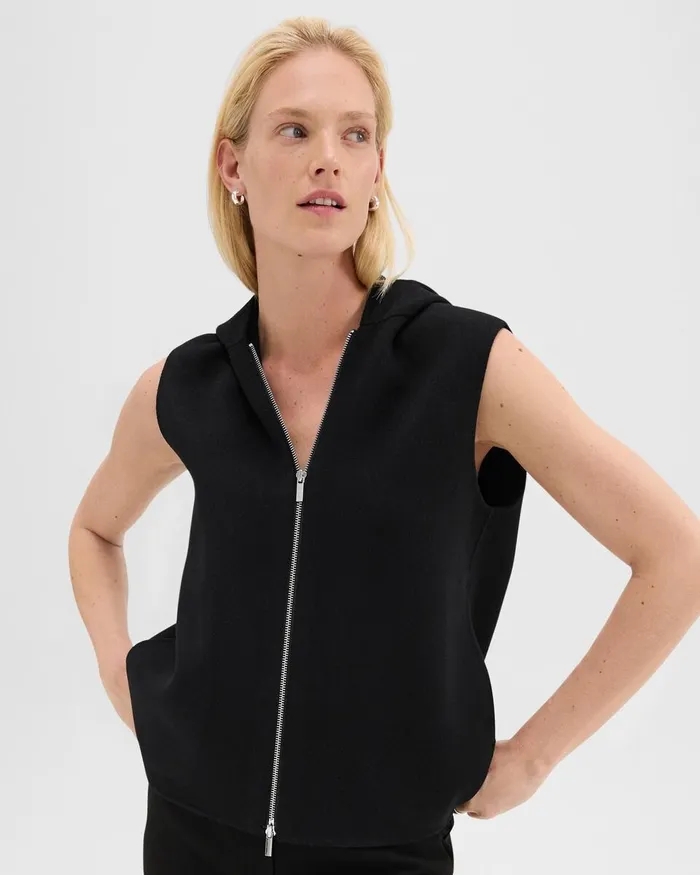 Women Theory Outerwear Hooded ZipUp Vest In DoubleFace WoolCashmere Black