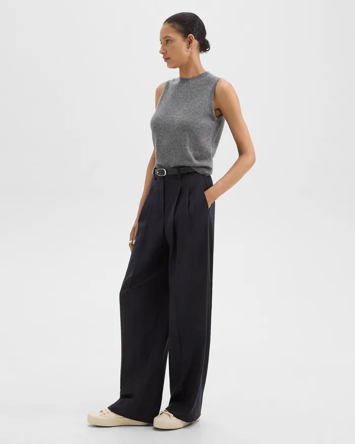Women Theory Pants Double Pleat Pant In Sleek Flannel Navy