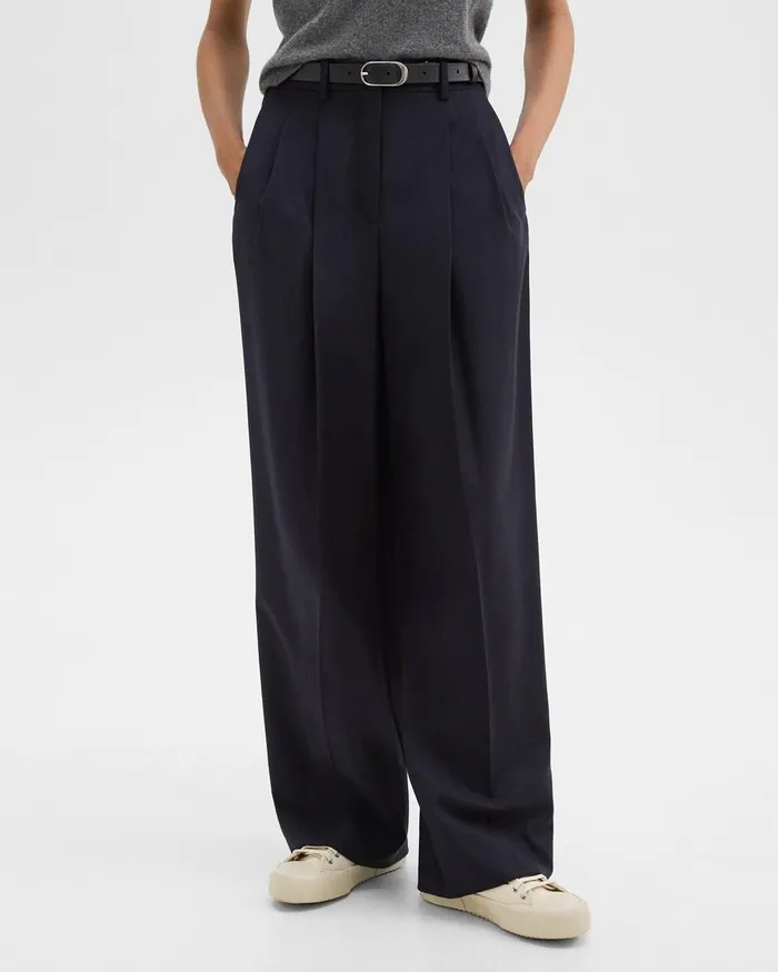 Women Theory Pants Double Pleat Pant In Sleek Flannel Navy