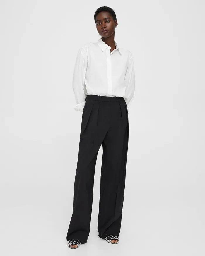 Women Theory Pants Pleated WideLeg Pant In Stretch Wool Black