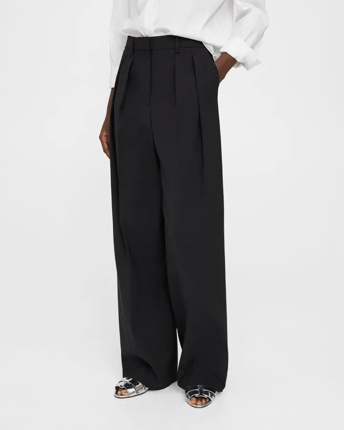 Women Theory Pants Pleated WideLeg Pant In Stretch Wool Black