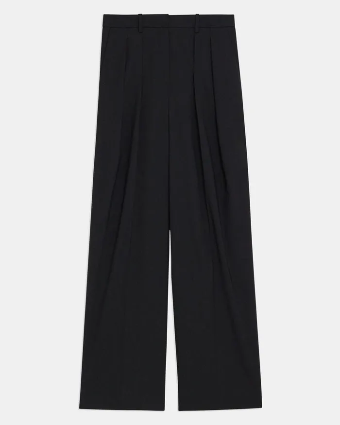 Women Theory Pants Pleated WideLeg Pant In Stretch Wool Black