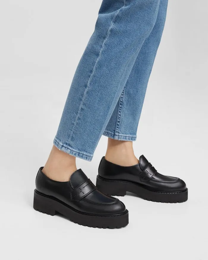 Women Theory Shoes Leather Platform Loafer Black