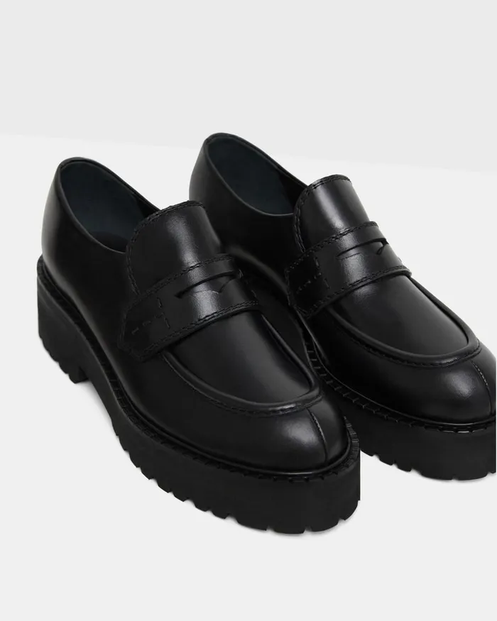 Women Theory Shoes Leather Platform Loafer Black