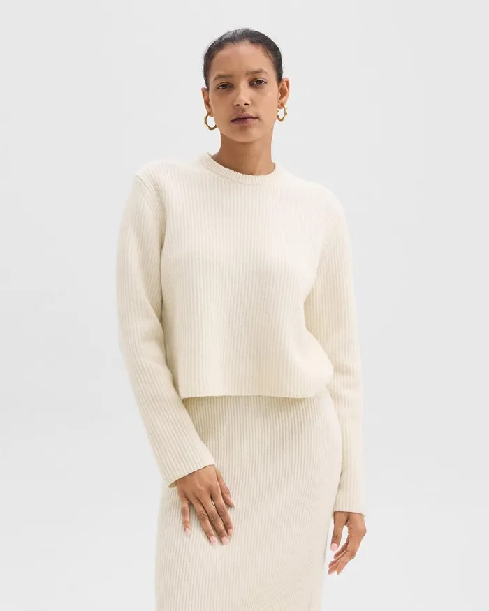 Women Theory Sweaters Cardigans Crewneck Sweater In Felted WoolCashmere Ivory
