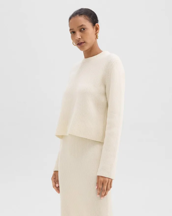 Women Theory Sweaters Cardigans Crewneck Sweater In Felted WoolCashmere Ivory