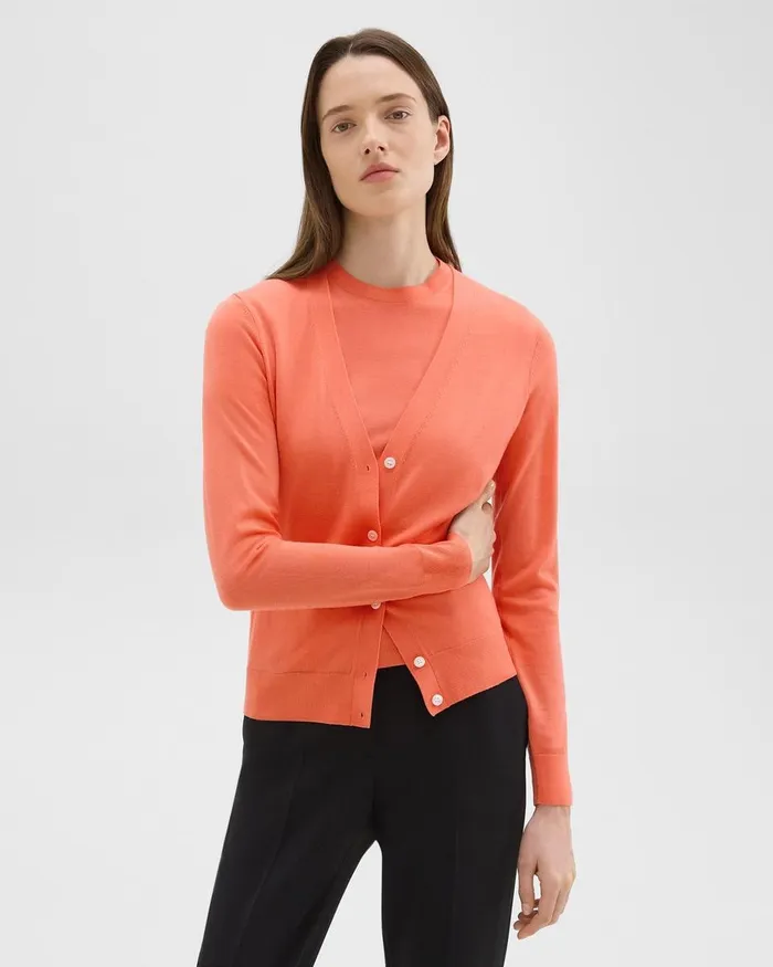 Women Theory Sweaters Cardigans VNeck Cardigan In Regal Wool Bright Coral