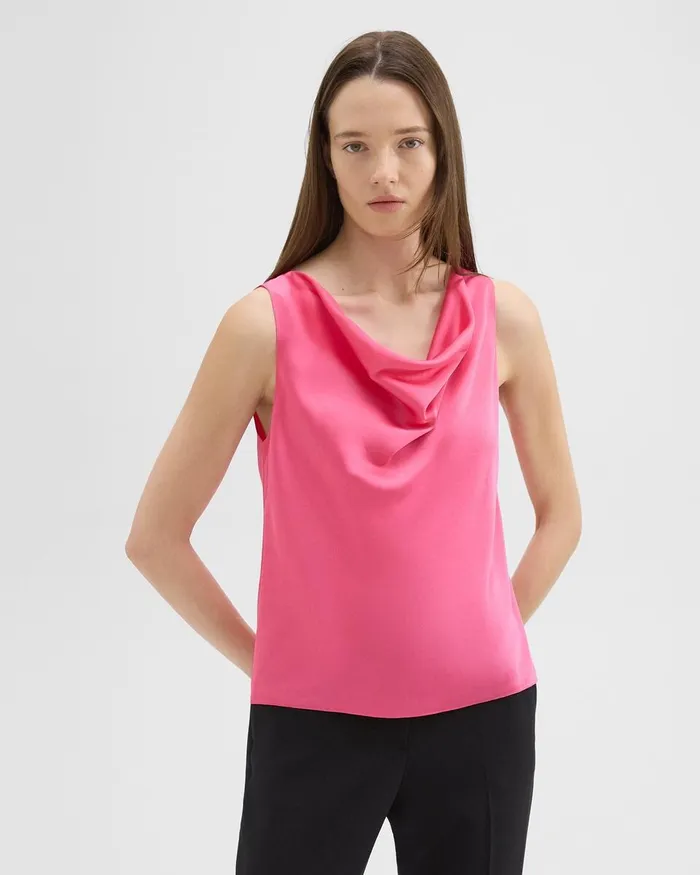 Women Theory Tops Cowl Neck Top In Crushed Satin Pink Azalea