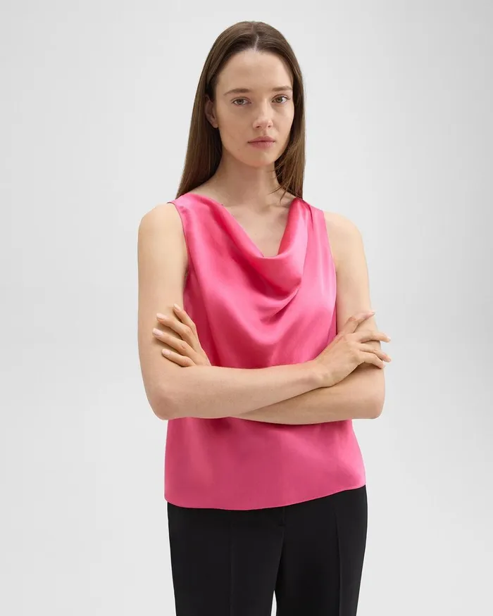 Women Theory Tops Cowl Neck Top In Crushed Satin Pink Azalea