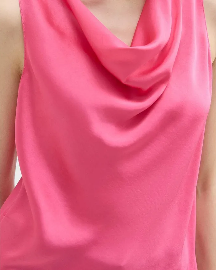 Women Theory Tops Cowl Neck Top In Crushed Satin Pink Azalea