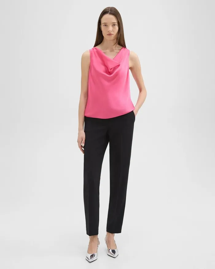 Women Theory Tops Cowl Neck Top In Crushed Satin Pink Azalea
