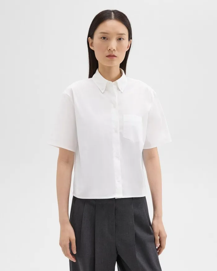 Women Theory Tops Cropped ShortSleeve Shirt In Good Cotton White