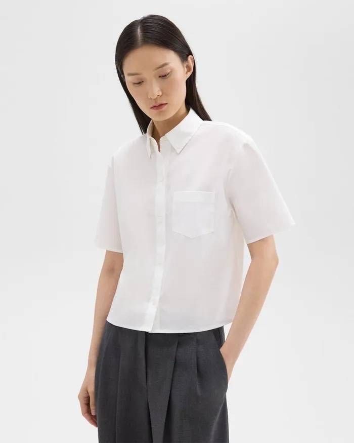 Women Theory Tops Cropped ShortSleeve Shirt In Good Cotton White