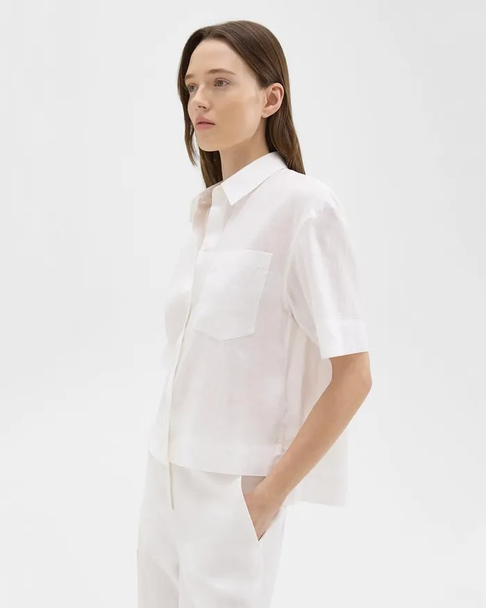 Women Theory Tops ShortSleeve Shirt In Relaxed Linen White