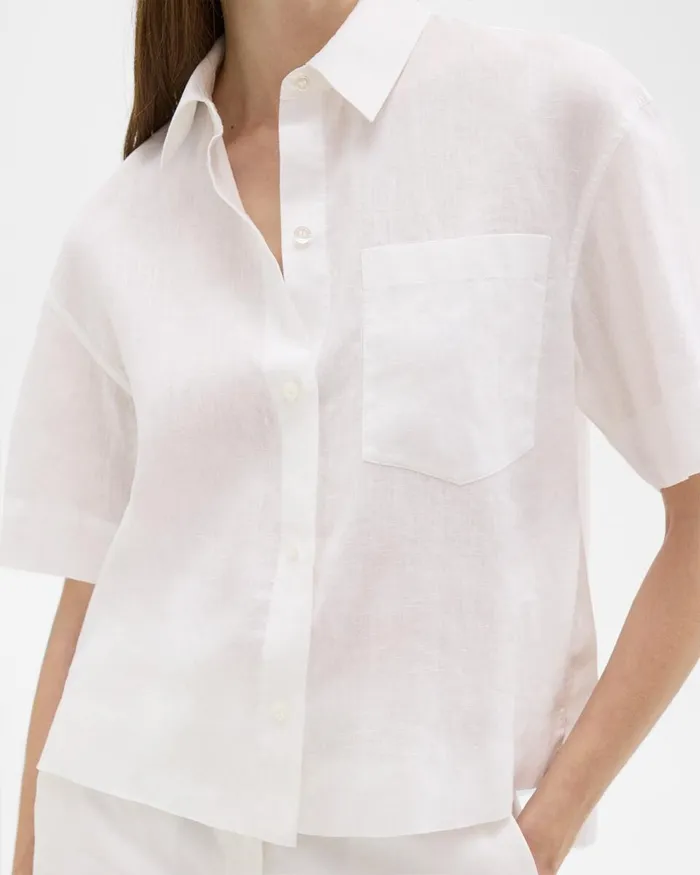 Women Theory Tops ShortSleeve Shirt In Relaxed Linen White