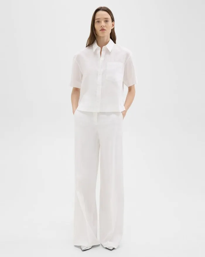 Women Theory Tops ShortSleeve Shirt In Relaxed Linen White