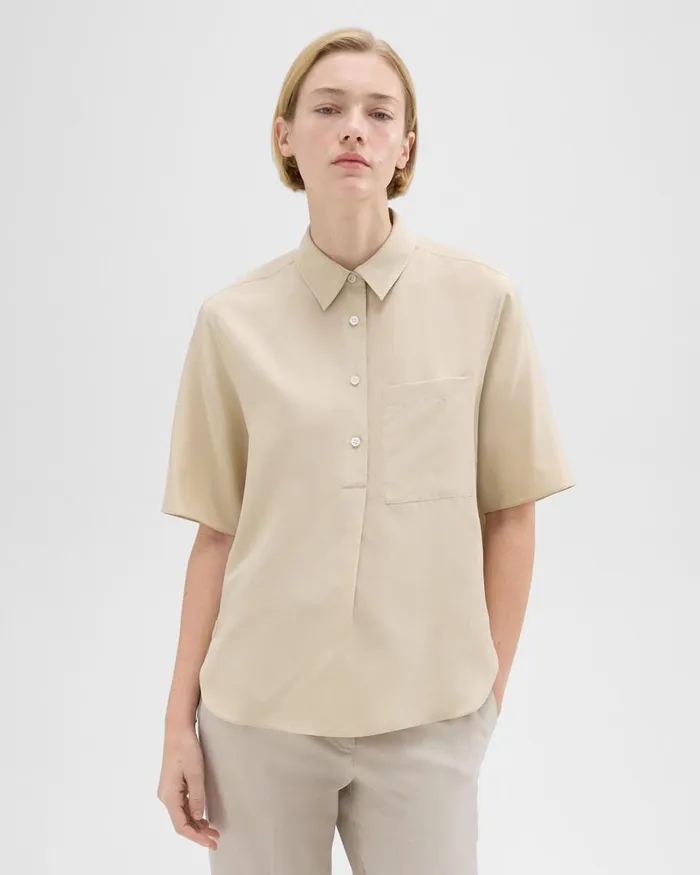 Women Theory Tops ShortSleeve Silk Popover Shirt Champagne