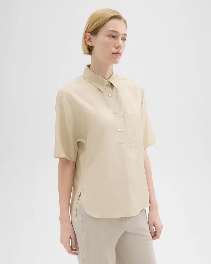 Women Theory Tops ShortSleeve Silk Popover Shirt Champagne