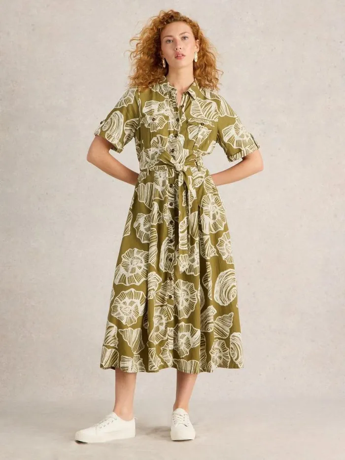 Women Tiff Linen Blend Shirt Dress Green Print White Stuff Dresses