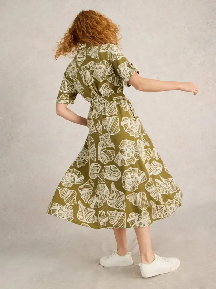 Women Tiff Linen Blend Shirt Dress Green Print White Stuff Dresses