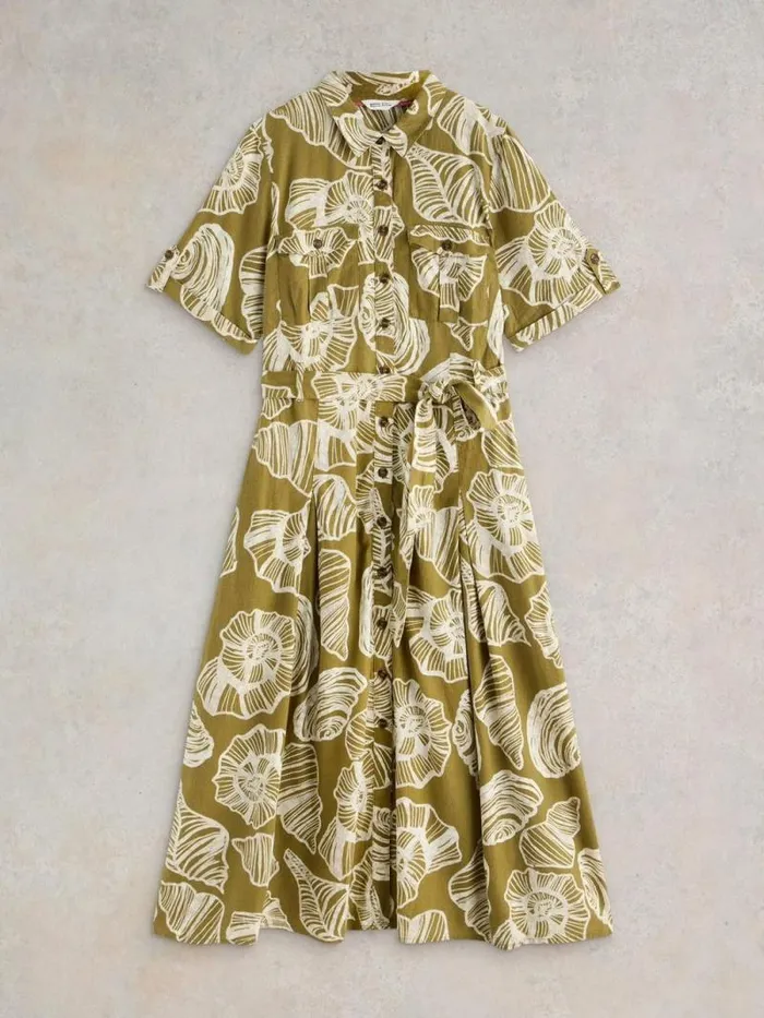 Women Tiff Linen Blend Shirt Dress Green Print White Stuff Dresses