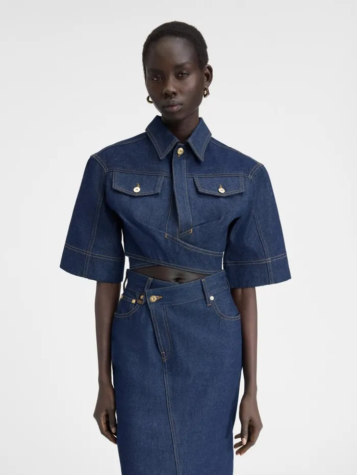 Women Tops and Shirts JACQUEMUS The DeNmes Denim Top Navy Tabac Women Tops and Shirts JACQUEMUS The DeNmes Denim Top Navy Tabac