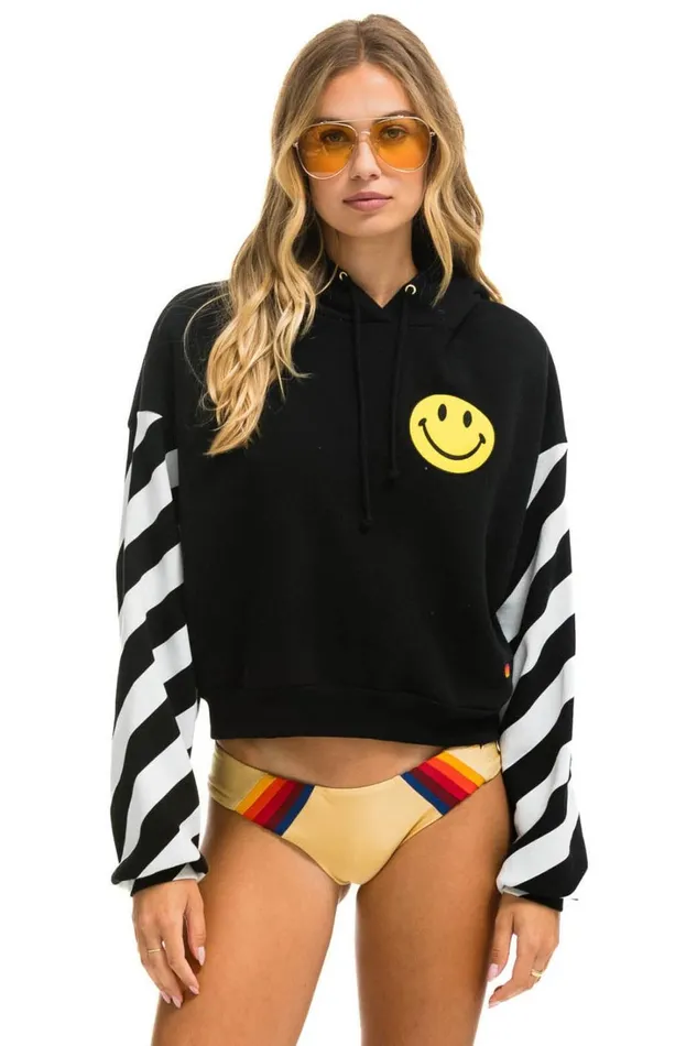 Women Tops Aviator Nation CAUTION STRIPE SLEEVE SMILEY 2 EMBROIDERY RELAXED CROPPED PULLOVER HOODIE 8211 BLACK WHITE