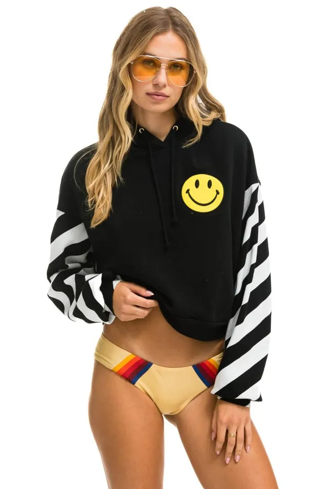 Women Tops Aviator Nation CAUTION STRIPE SLEEVE SMILEY 2 EMBROIDERY RELAXED CROPPED PULLOVER HOODIE 8211 BLACK WHITE Women Tops Aviator Nation CAUTION STRIPE SLEEVE SMILEY 2 EMBROIDERY RELAXED CROPPED PULLOVER HOODIE 8211 BLACK WHITE